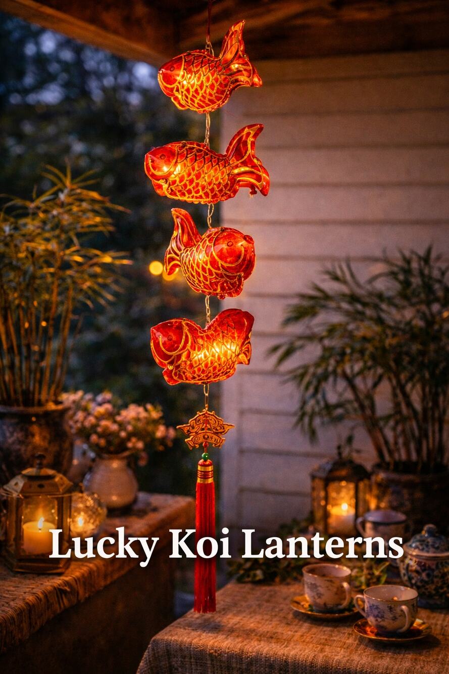 Vintage Asian Koi Fish Lantern Light Strand Red Gold Prosperity Decor 44.5"